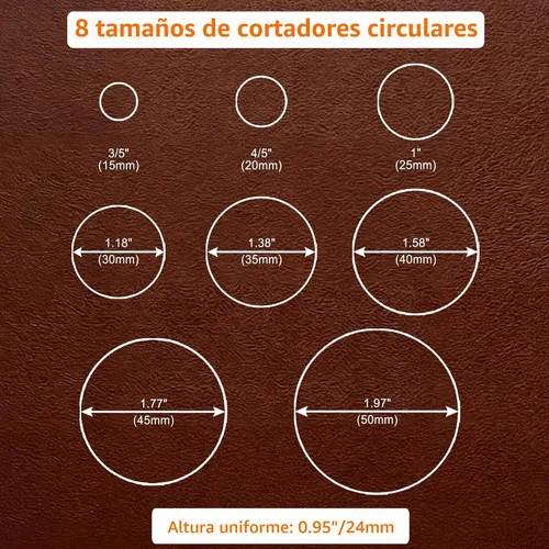 Vista 2 de Juego de herramientas de corte circular de cuero, 8 piezas de herramientas de perforación circular de 15, 20, 25, 30, 35, 40, 45, 1.969 in
