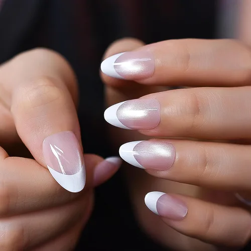 Vista 4 de Gelnails - Uñas postizas cortas a presión con punta francesa blanca, 30 Almendra francesa blanca