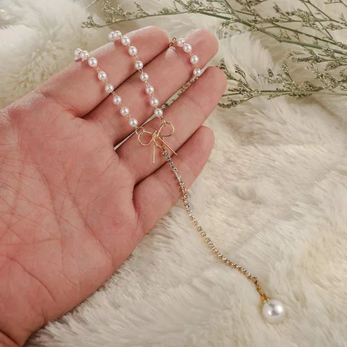 Vista 9 de Collares para mujer, collar de perlas de oro rosa, collar de perlas de moda simple lazo clavícula colgante collares y colgantes (oro, talla única)
