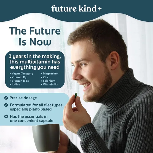 Vista 4 de Future Kind Multivitamínico sin carragenina para mujeres y hombres con omega-3, B12, D3, zinc, yodo, magnesio, K2 y selenio, vegano, bolsa