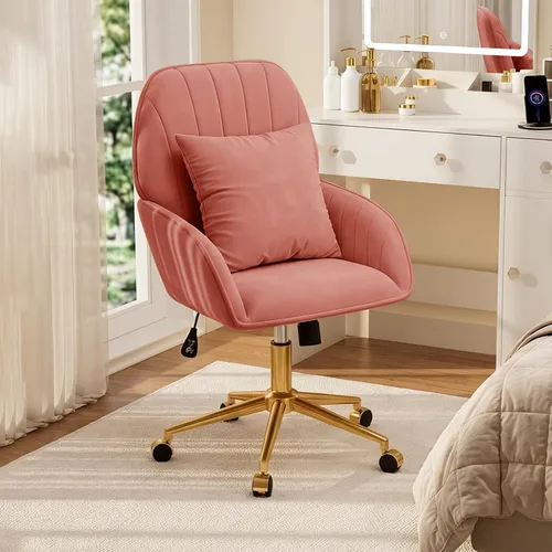 Vista 10 de Silla de escritorio para oficina en casa, cómoda con ruedas giratorias ajustables, moderna silla de tocador de maquillaje de terciopelo con respaldo