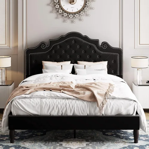 Vista 3 de Allewie Base de cama tamaño completo con cabecero de tiara de terciopelo ajustable, cama plataforma tapizada con botones de diamante capitoné Negro