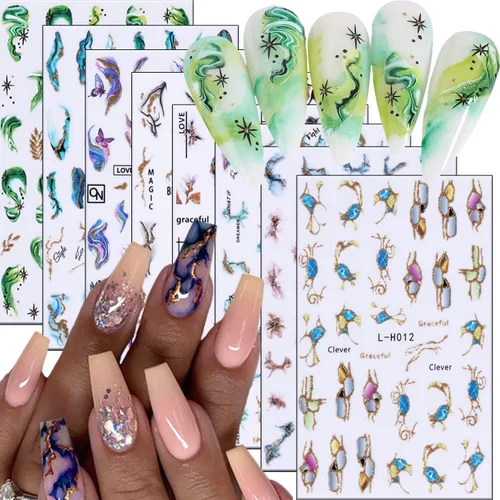 Vista 10 de Calcomanías líquidas para arte de uñas, diseño de mariposa, negro, plateado, mariposa, luna, 3D, autoadhesivas, suministros de arte de uñas