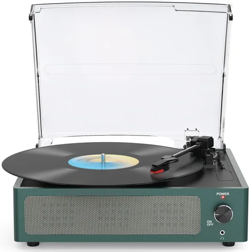 Vista 17 de Tocadiscos de vinilo vintage con altavoces, giradiscos accionados por correa, compatible con 3 velocidades, reproducción inalámbrica Bluetooth