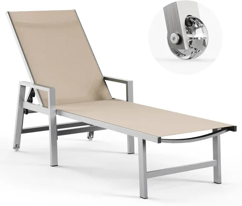 Vista 10 de Vexwalx Tumbona para patio al aire libre con ruedas y reposabrazos, sillas reclinables ajustables de aluminio de 5 posiciones, sillas de playa al