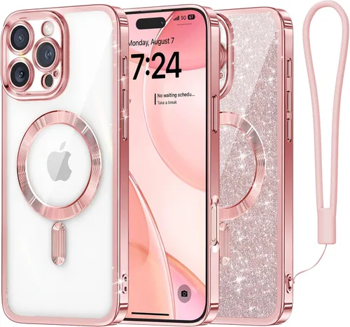 Vista 63 de Meifigno - Funda diseñada para el iPhone 16 Pro de 6.3", [Tarjeta de purpurina y correa para la muñeca] [Compatible con MagSafe]