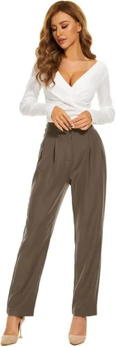 Vista 5 de FUNYYZO Pantalones fluidos de pierna ancha para oficina, negocios, casual, cintura alta, pantalones de vestir