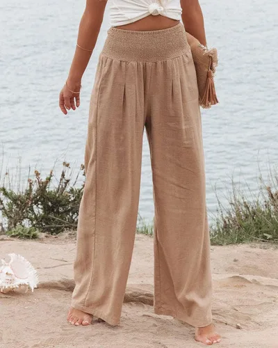 Vista 4 de GLIENST Pantalones palazzo casuales de pierna ancha para mujer, de cintura alta, fruncidos, con bolsillos, tallas S-XXL