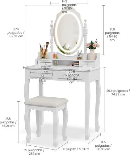 Vista 8 de Escritorio de tocador con espejo y luces, mesa de maquillaje con juego de Blanco