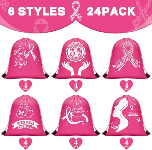 Vista 4 de Panelee Mochila con cordón para concientización sobre el cáncer de mama, 12 x 10 pulgadas, bolsas con cordón de cinta, accesorios