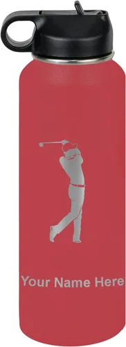 Vista 10 de LaserGram Botella de agua personalizada, golfista de golf, acero inoxidable de doble pared aislada al vacío con popote superior, regalo grabado Negro