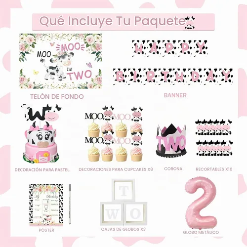 Vista 2 de Moo Moo Im Two Decoraciones de Cumpleaños para Niña, Decoraciones de 2do Cumpleaños para Niña, Telón de Fondo con Tema de Vaca, Pancarta de Globos