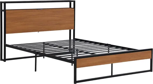 Vista 5 de VilroCaz Cama de plataforma de tamaño matrimonial con enchufes y puertos USB, marco de cama de plataforma de metal moderno con cajones, soporte