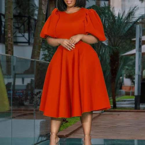 Vista 2 de Uillui Vestido de talla grande para mujer, manga burbuja, cintura cónica, vestido acampanado con vuelo, vestido formal de cóctel, fiesta