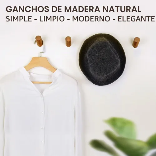 Vista 2 de Felidio Ganchos de pared de madera, paquete de 4 ganchos para colgar abrigos de pared, de madera rústica, resistente, perchero para sombreros A