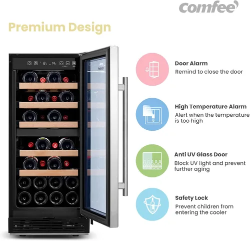 Vista 5 de COMFEE' CRW28B7AST Enfriador de vino independiente e integrado, refrigerador de vino de 28 botellas, zona de enfriamiento doble, control digital