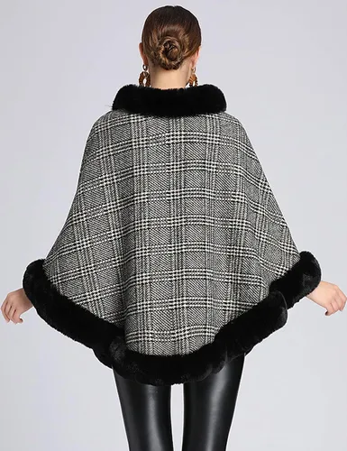 Vista 2 de Gihuo Capa de poncho a cuadros para mujer capa de chal de piel sintética de lujo
