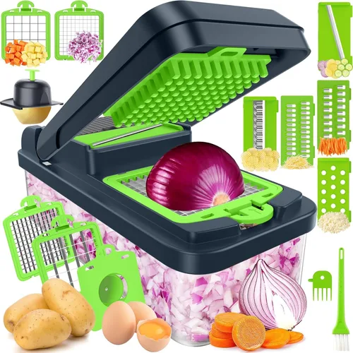 Vista 8 de SpaceHacks Picador de verduras 12 en 1, utensilios de cocina con 7 cuchillas, verduras, alimentos, picador de cebolla, rebanador de pepino