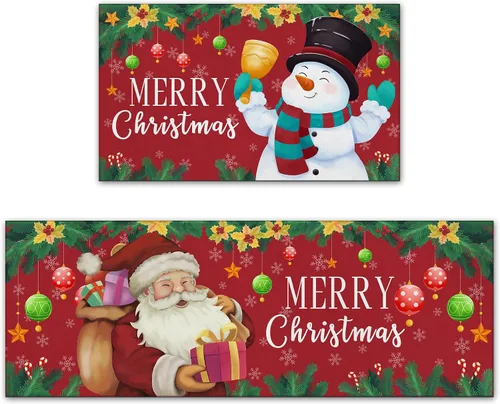 Vista 7 de Juego de 2 alfombras de cocina de Navidad - Alfombra de cocina a cuadros de búfalo, gnomos de árbol, alfombra de cocina negra, alfombra de piso