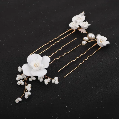 Vista 3 de Teyglen 3 horquillas para el pelo de boda, horquillas de flores para novia, flores y hojas, pinzas para el cabello de perlas para novia, accesorios