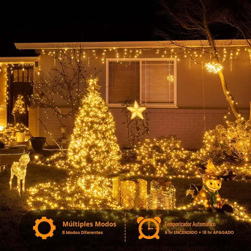 Vista 5 de 200 luces LED de Navidad en racimo, luces de cadena de Navidad tipo petardos, impermeables, 8 modos para interiores y exteriores, árbol de Navidad