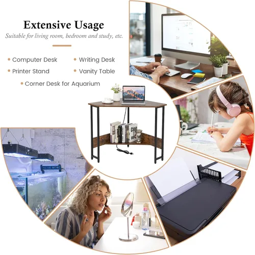 Vista 7 de GOFLAME Escritorio esquinero con toma de corriente, escritorio triangular para computadora para espacio pequeño, escritorio de escritura que ahorra