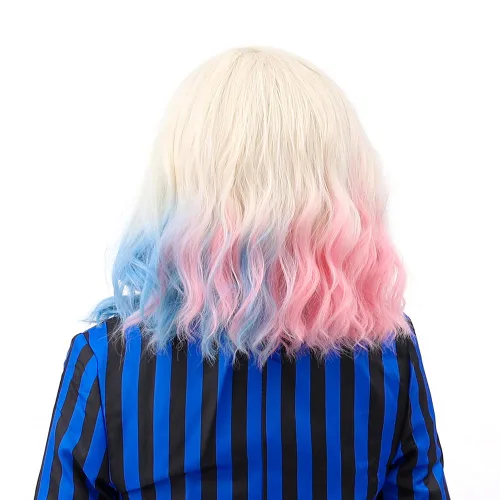 Vista 4 de Peluca ondulada corta rosa y azul para disfraz de Halloween para mujer