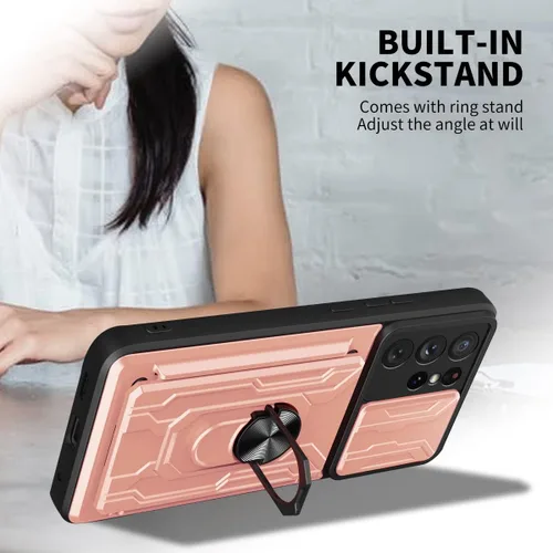 Vista 3 de Funda para Galaxy S21 Ultra 5G, diseñada para Samsung S21U con protector de pantalla, soporte para tarjetas desmontable, ranura para anillo, soporte