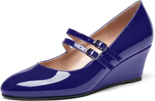 Vista 30 de SHOWFOREST Zapatos de tacón bajo con hebilla de punta redonda para mujer, con correa ajustable y correa ajustable, 2 pulgadas Beige