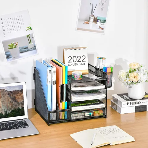 Vista 3 de Marbrasse - Organizador de escritorio con soporte para archivos, organizador de bandejas para papel tamaño carta de 5 niveles con cajón y 2 soportes