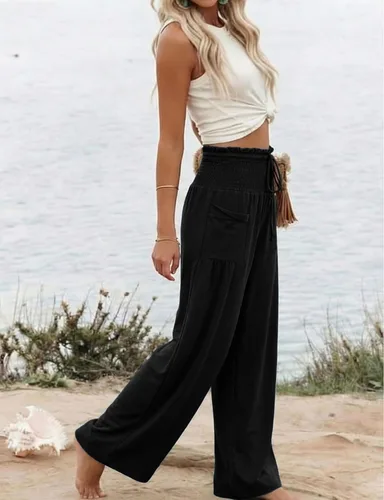 Vista 3 de Athlisan Pantalones palazzo holgados de pierna ancha para mujer, estilo casual, bohemio, fruncido, cintura alta, pantalones de descanso, playa