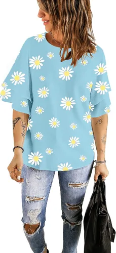 Vista 5 de luvamia Blusa casual de manga acampanada de 34 con cuello redondo para mujer