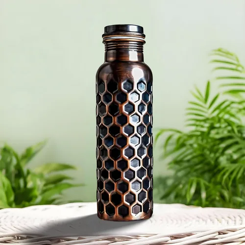 Vista 12 de ALV - Botella de agua de cobre de 34 onzas, botella de cobre puro martillado para beber, recipiente ayurvédico 100% para botella de tapa a prueba