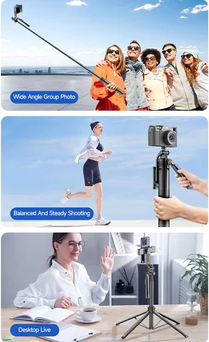 Vista 6 de Trípode selfie stick de 70 pulgadas, trípode para selfie con control remoto, trípode para teléfono Android, iPhone, cámara