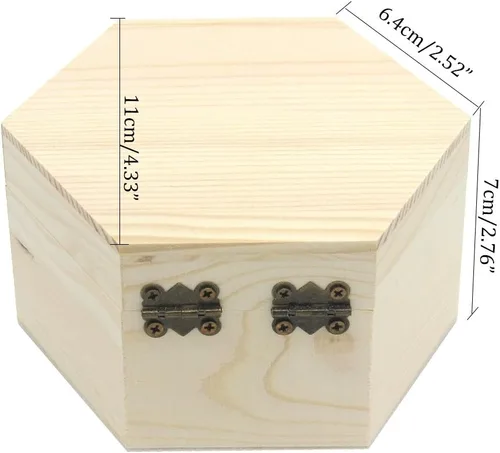 Vista 3 de Caja lisa sin terminar, caja de joyería hexagonal de madera sin pintar, caja del tesoro de almacenamiento de bricolaje
