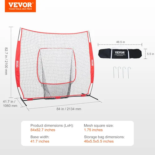 Vista 8 de VEVOR 7x7ft Baseball Softball Practice Net, Portable Baseball Training Net for Hitting Batting Catching Pitching, Backstop Baseball Equipment