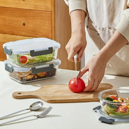 Vista 6 de Paquete de 10 recipientes de vidrio de 22 onzas para preparación de comidas, recipientes de almacenamiento de alimentos de vidrio con tapas