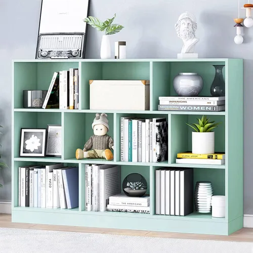 Vista 18 de IOTXY - Estantería de madera con espacios abiertos, 3 niveles, con patas, 5 cubos, color azul brillante Nordic Minimalist Style, MDF