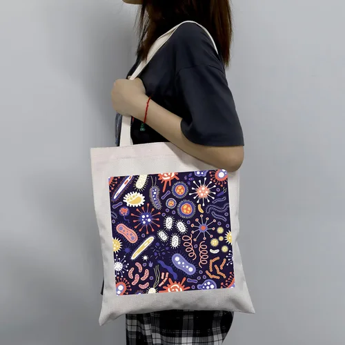 Vista 2 de LEVLO Bolsa de compras para bacterias de microbiología, ciencia, arte, biólogo, reutilizable, bolsa de mano, regalo para profesor