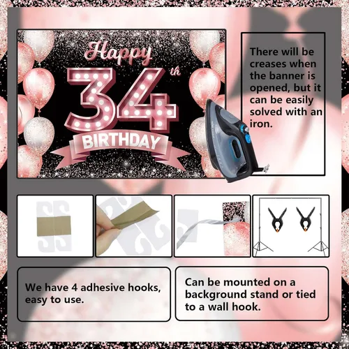 Vista 296 de Cartel de feliz cumpleaños décimo oro rosa, telón de fondo, saludos a 10 años, globos de confeti, decoración temática para niñas de 10 años