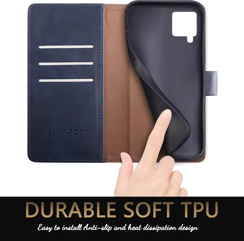 Vista 5 de SUANPOT Funda de piel tipo cartera para Samsung Galaxy A12 con bloqueo RFID, tarjetero para tarjetas de crédito, funda de teléfono con tapa a prueba