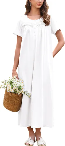 Vista 20 de Ekouaer Camisón para Mujeres de Algodón Camisón Largo de Noche Camisón de Manga Corta con Bolsillos Camisón con Botones Ropa de Dormir Suave
