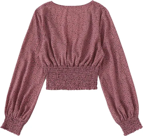 Vista 2 de LYANER Blusa corta de manga larga con cuello en V y volantes para mujer