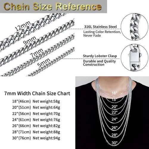Vista 6 de ChainsHouse Cadena de eslabones cubanos de acero inoxidable para hombre, negrooro de 18 quilates, cadena cubana de Miami, 570.354 in0.472 in