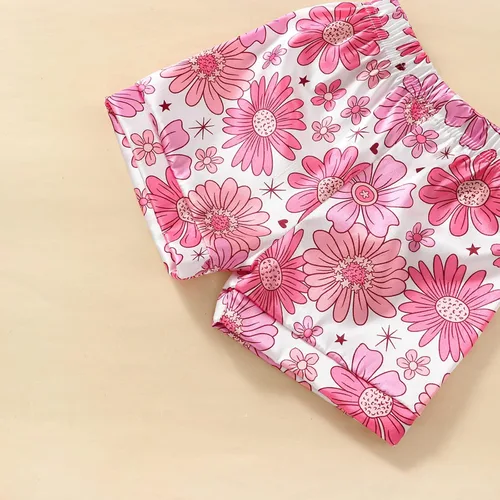 Vista 6 de Qiylii Pijama de seda floral para niñas de 1 a 6 años, de manga corta, con botones, pantalones cortos de verano, 2 piezas, flores, satén, conjunto
