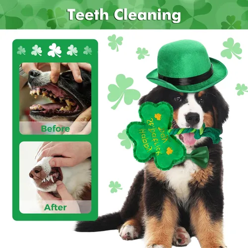 Vista 4 de Juguete para perros del día de San Patricio, juguetes chirriantes para perros con cuerda, juguetes de peluche de trébol de trébol, regalos del día