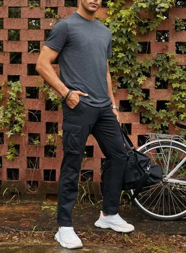 Vista 3 de JMIERR Pantalones cargo para hombre, casuales, de algodón, ajuste relajado, cintura elástica, ligeros, con múltiples bolsillos