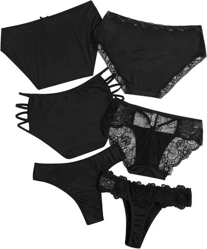 Vista 2 de MakeMeChic Conjunto sexy de 6 piezas de bragas con corte de encaje en contraste con estampado de leopardo para mujer, Leopardo