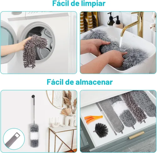 Vista 5 de 12 piezas de plumeros de microfibra, plumero con poste de extensión (acero inoxidable) de 30 a 100 pulgadas, plumeros lavables, plumero de plumas