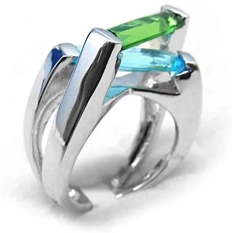 Vista 2 de Anillo moderno de plata esterlina cruzada flotante de helenita azul y verde R98S 4.0 ct